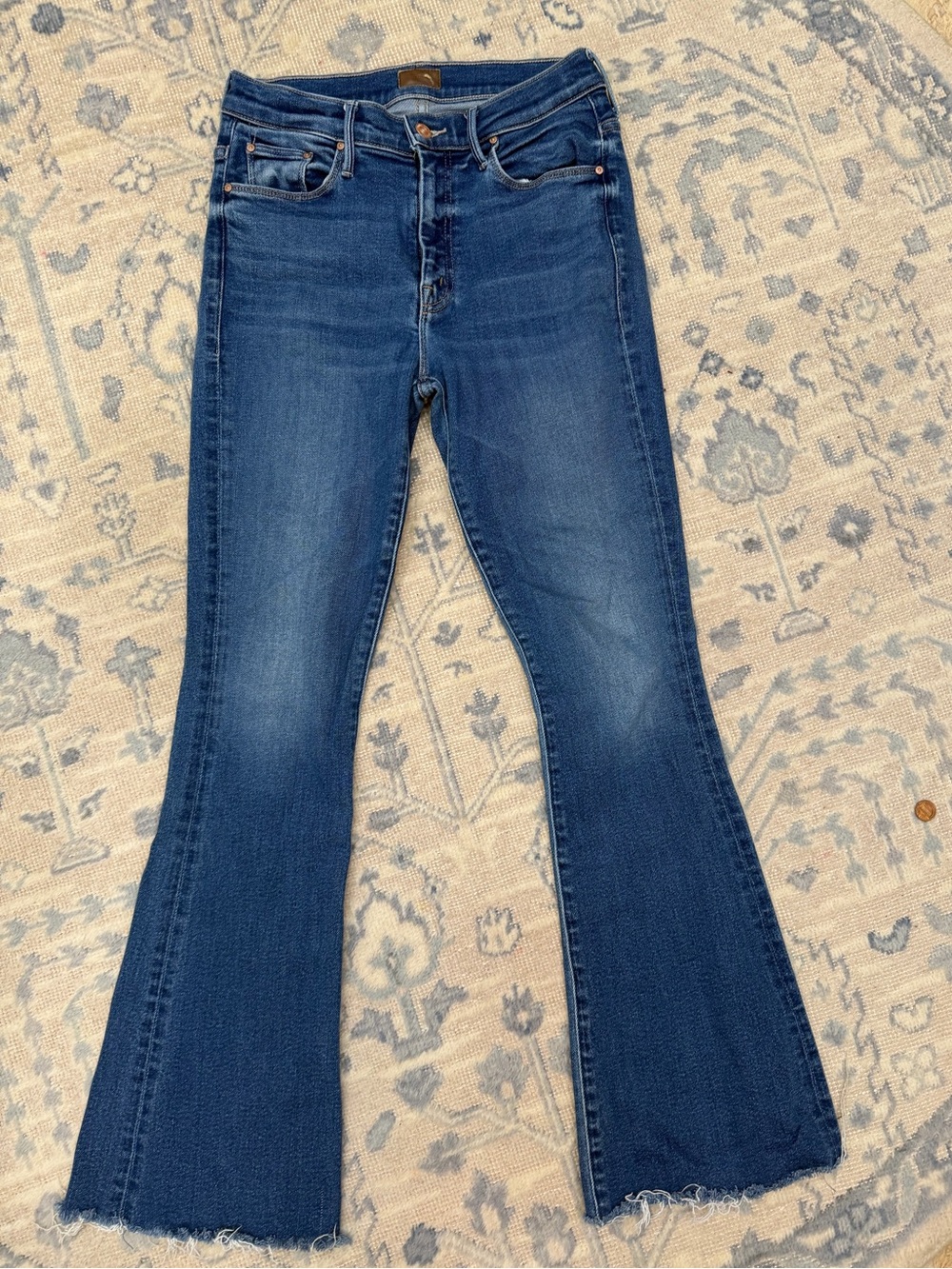 MOTHER Dark Blue Flare Jeans with Frayed Hem